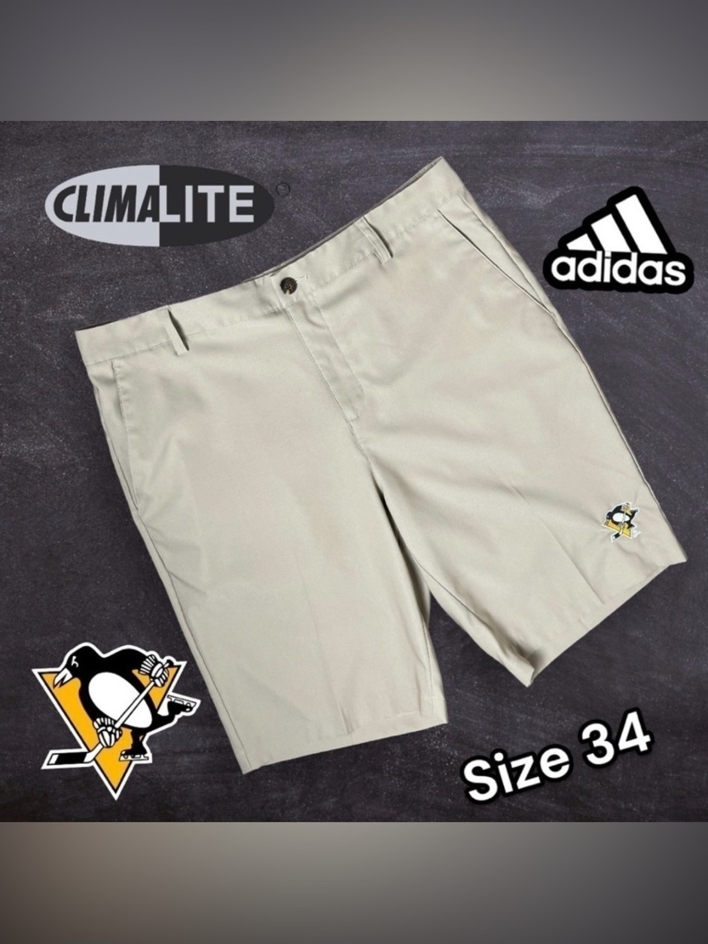 Pittsburgh Penguins Adidas Khaki Climalite Dress Shorts Size 34